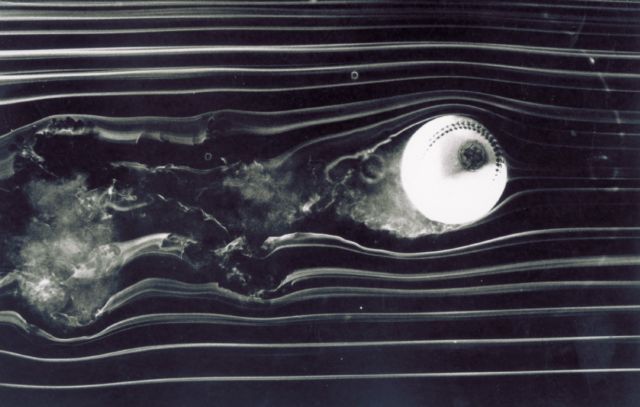 One of Lyman Briggs' images of the airflow around a spinning baseball in a wind tunnel.