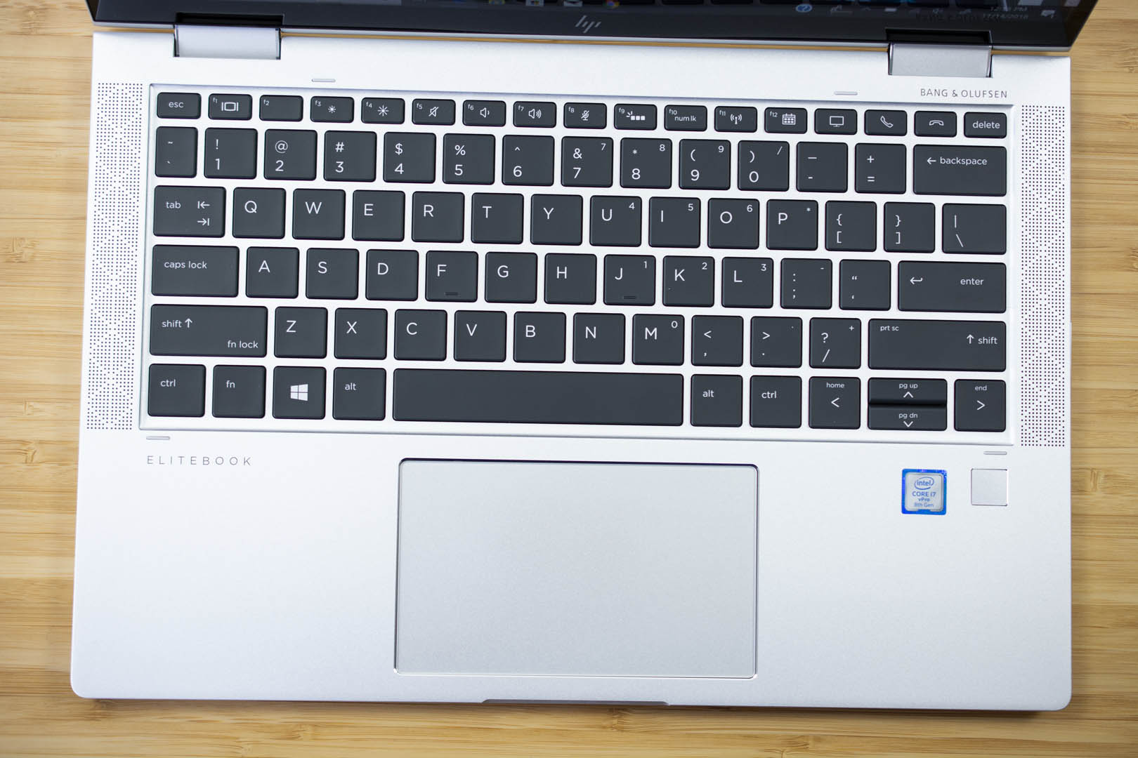 A close-up of the keyboard on the 2018 HP Elitebook x360 1030.