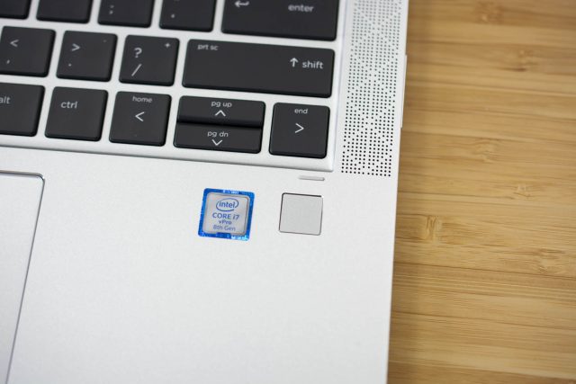 A close-up of the keyboard and the fingerprint reader on the 2018 HP Elitebook x360 1030.