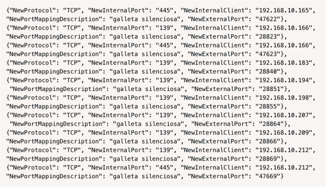 A sample of EternalSilence injections found on a single router.