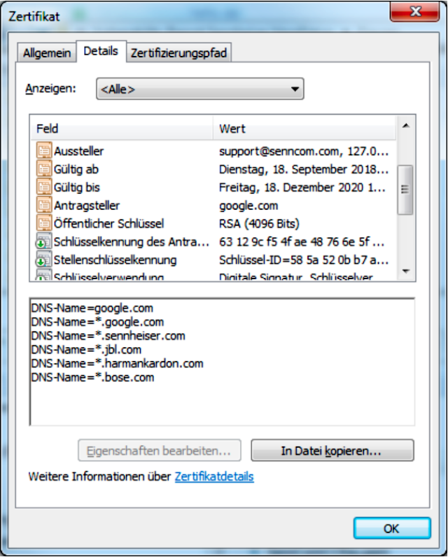 A forged certificate generated using the root installed by HeadSetup.