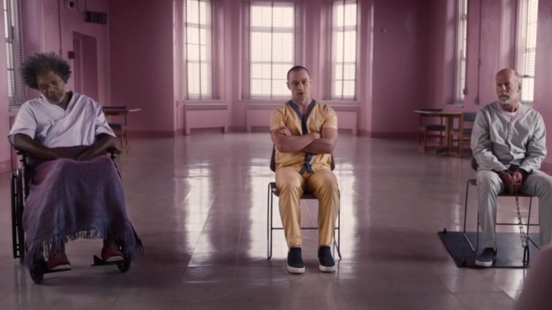 Elijah Price, aka "Mr. Glass" (Samuel L. Jackson), Kevin Wendell Crumb, aka "The Horde" (James McAvoy), and David Dunn (Bruce Willis) find themselves thrown together in a mental institution.