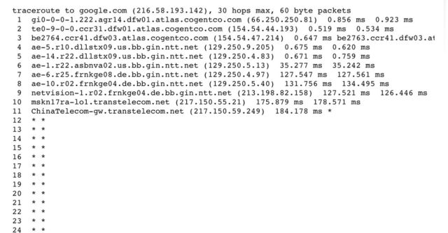 A traceroute showing the path Google traffic took.