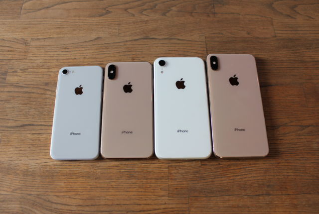 From left to right: the iPhone 8, the iPhone XS, the iPhone XR, and the iPhone XS Max.