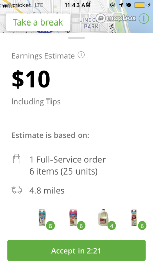 A Chicago shopper writes: "That's showing $10 (including a $2-3 tip, so $7-ish dollars on Instacart's part) to deliver a lot of milk, etc. to an office downtown. They released the new payment system under the guise of transparency &amp; accounting for heavy items, mileage, etc. There has been no extra money accounting item weight in my few weeks of having this with many heavy items, Costco runs, etc."