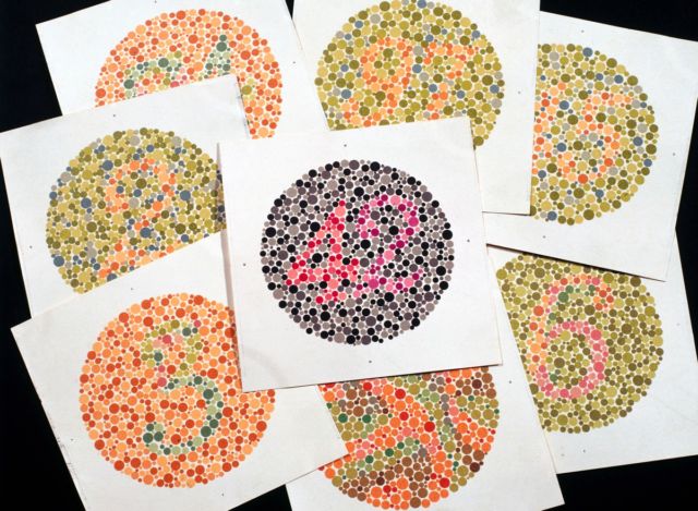 Eight classic Ishihara charts for testing colorblindness, circa 1959.