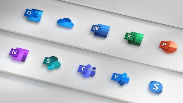 Top row, from left to right: Outlook, OneDrive, Word, Excel, PowerPoint. Bottom row, from left to right: OneNote, SharePoint, Teams, Yammer, Skype.