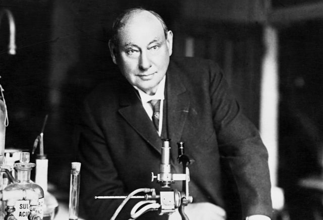 Dr. Harvey Washington Wiley in the laboratory he set up to test food safety.