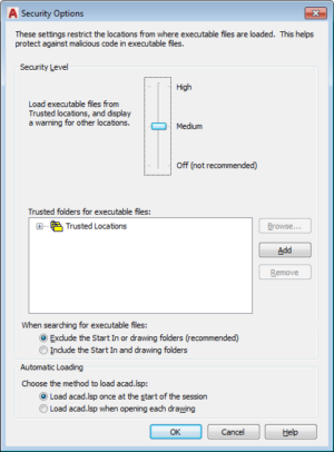 A security options box included in modern versions of AutoCAD.