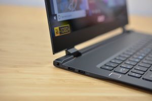 The 2018 Acer Swift 7 sitting on a wooden table.