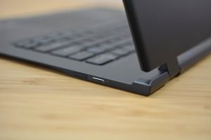 The 2018 Acer Swift 7 sitting on a wooden table.