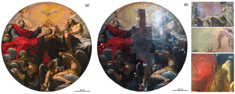 The middle image shows the painting as it now appears, with close-ups of four centuries of damage and wear on the right. The asterisks mark the locations of Caselli and her colleagues' samples. 