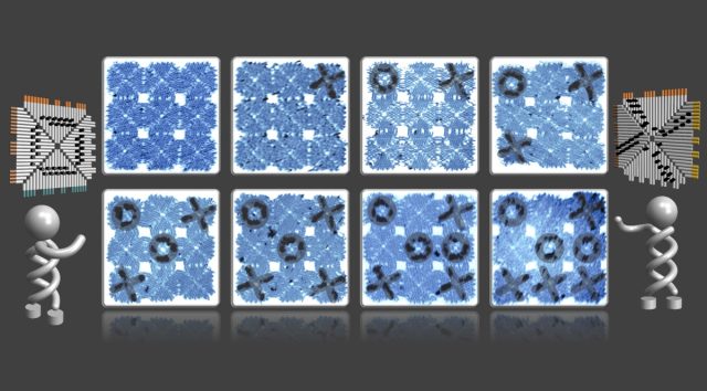 An artist's rendering of a game of tic-tac-toe played with DNA tiles.