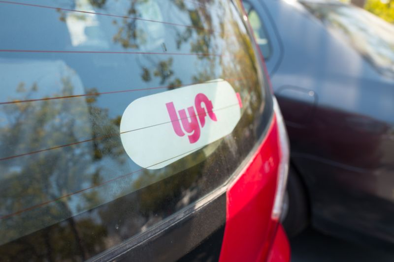Sticker for Lyft on the back of a Lyft ride-sharing vehicle in the Silicon Valley town of Santa Clara, California, August 17, 2017.