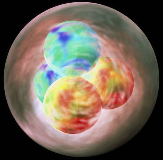 Computer artwork of the nucleus of a helium atom, or an alpha particle released during radioactive decay.  The nucleus consists of two positively charged protons (red) and two neutral neutrons (green) surrounded by a quantum cloud of gluons, a type of subatomic particle. 