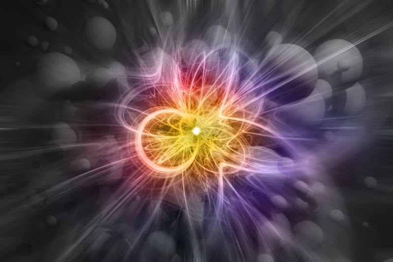 An abstract illustration of high-energy subatomic particles colliding.