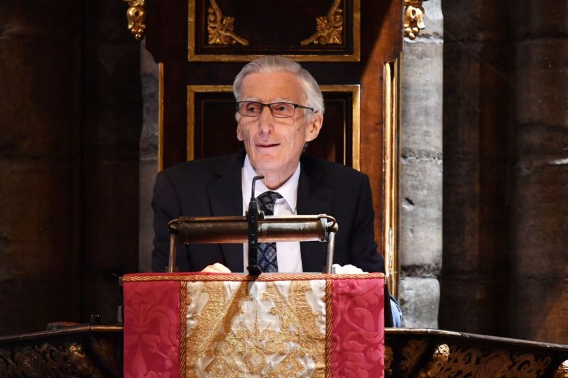 Astronomer Royal Lord Martin Rees speaks at Stephen Hawking's memorial service at Westminster Abbey on June 15, 2018 in London, England.