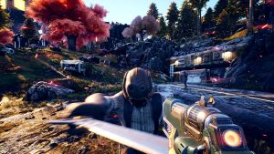 A sword slashes towards the player as they hold a gun first-person-shooter style.