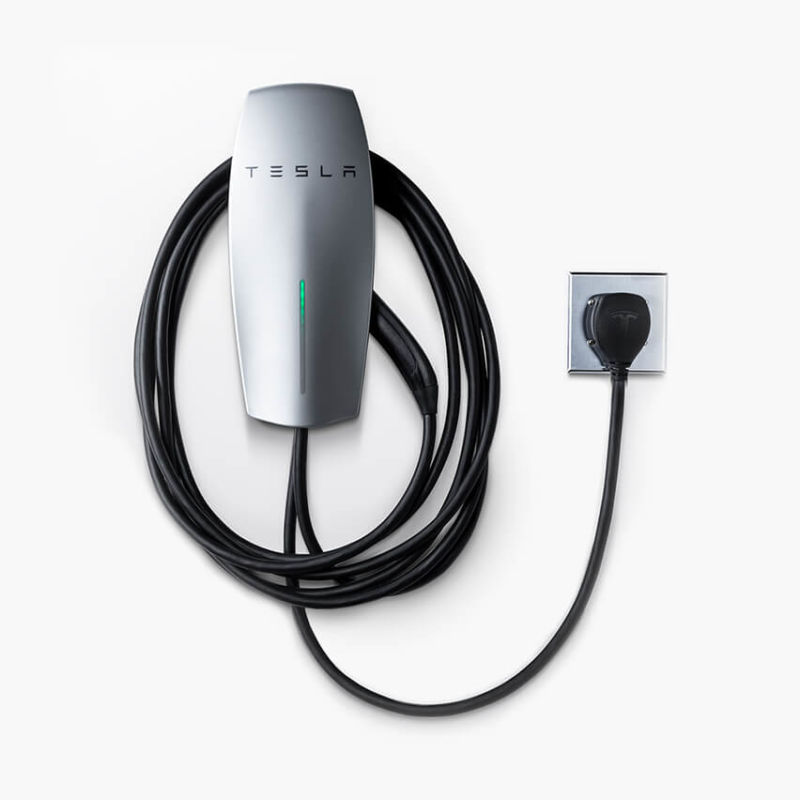 Tesla wall charger can be plugged into a standard outlet.