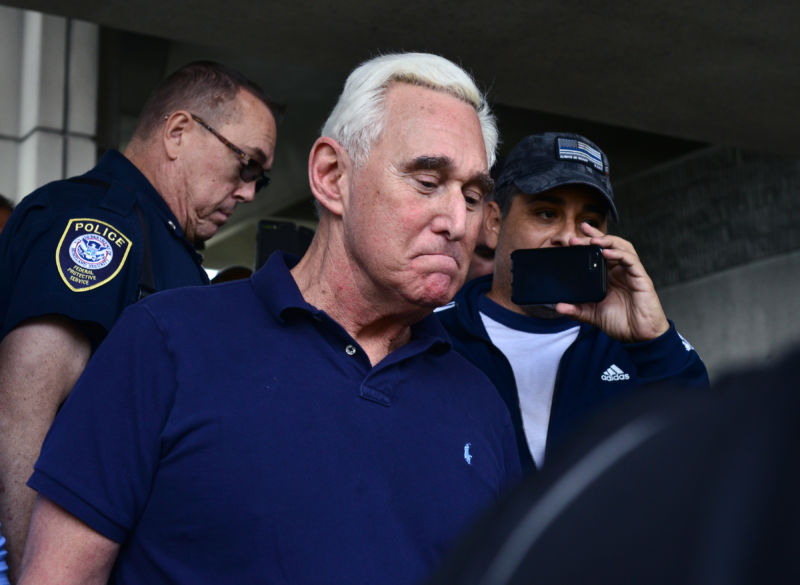 Roger Stone, a former advisor to President Donald Trump, leaves the Fort Lauderdale Federal Courthouse on January 25, 2019. Stone was charged by the government of obstruction, giving false statements and witness tampering. 