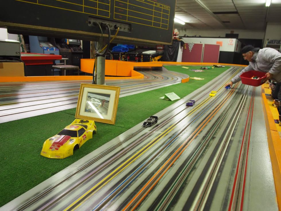 One of the race tracks at Buzz-A-Rama, NYC's last remaining dedicated slot car racing track.