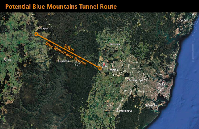A map of a potential location for a tunnel through Australia's Blue Mountains.