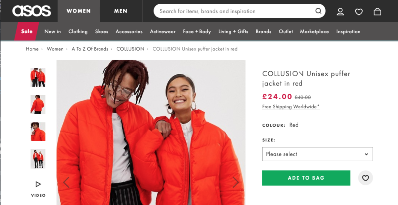 Meet the COLLUSION Unisex puffer jacket in red.