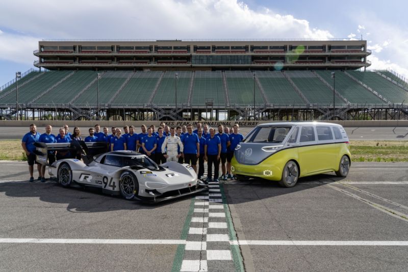 On the left, the Volkswagen I.D. R electric racer. On the right, the I.D. Buzz, which goes into production in 2022.