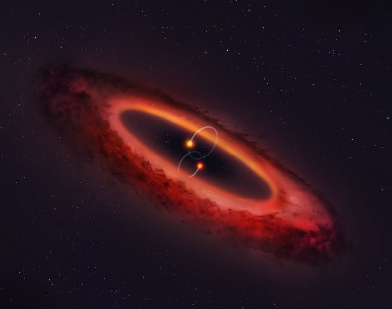 The image of a dust disc that surrounds two stars in mutual orbit.
