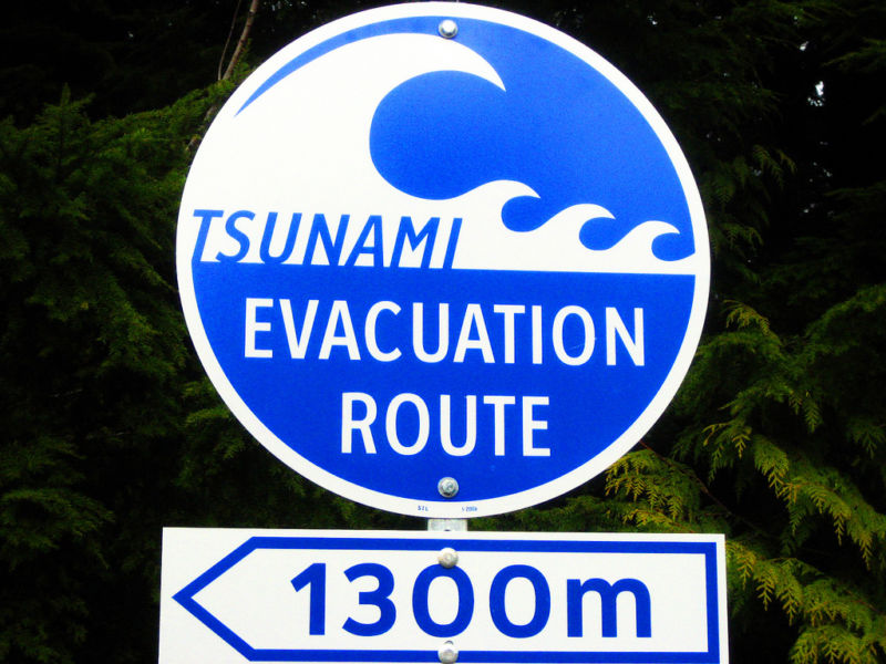 Traffic sign indicating which direction to follow in the event of a tsunami.