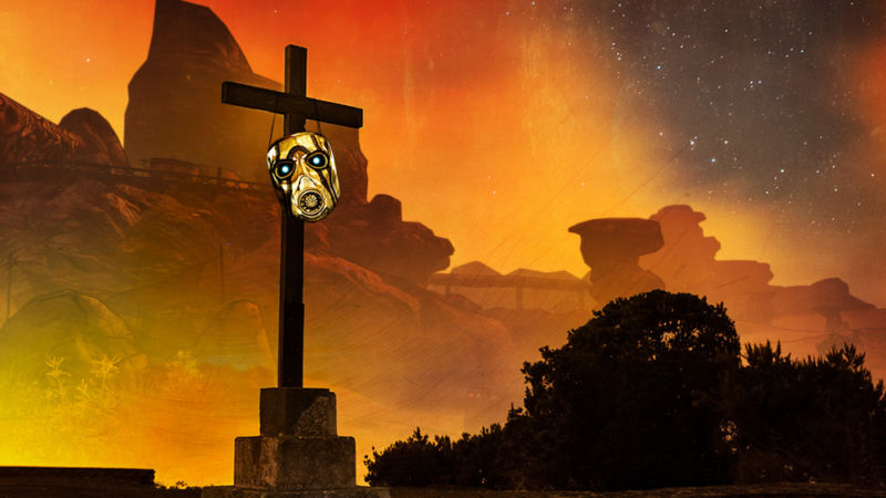 Modified video game screenshot shows a mask hanging from a crucifix in a desert wasteland.