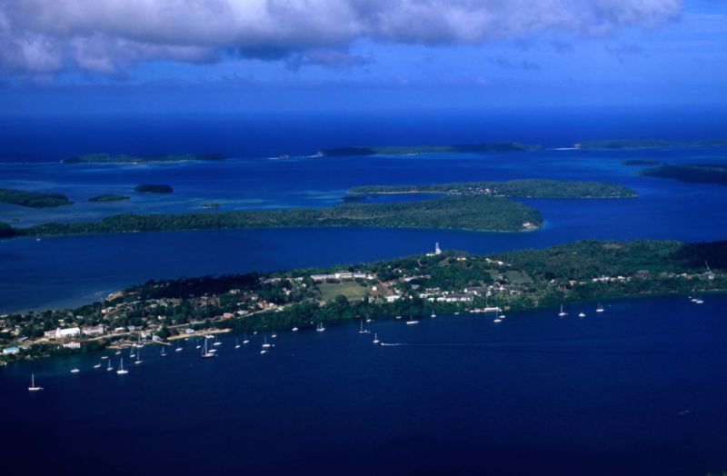 An aerial view of several Tongan islands.