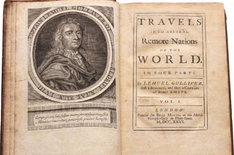  Title page of very first edition of Jonathan Swift's<em> Gulliver’s Journeys</em>, relating the imaginary experiences of one Lemuel Gulliver.</p>
<p>” ><figcaption class=