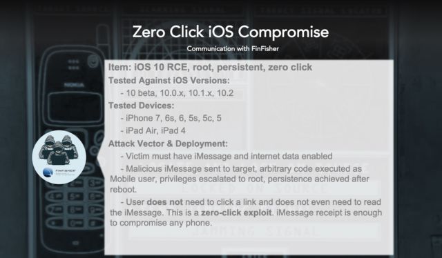 A slide from Lookout researchers' presentation at Shmoocon shows a description of an iOS exploit offered to a nation-state espionage organization by FinFisher.