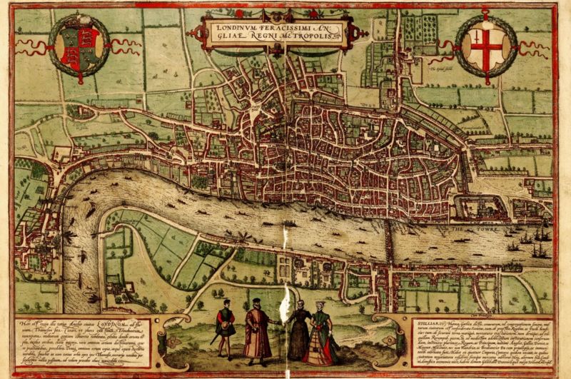 A birds-eye view of London from the south looking north (1572), one of the maps used to create an interactive map of murders in medieval London.