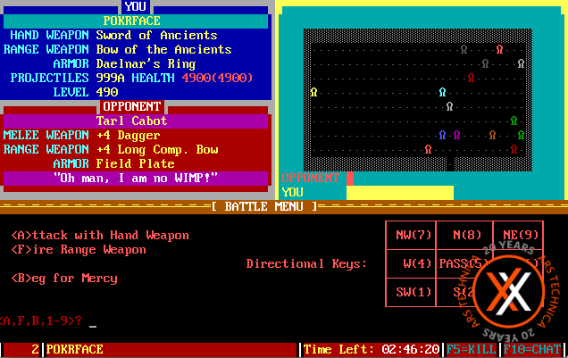 The Pit, a BBS door game. In this shot, Lee Hutchinson was attacking these guys. Or, maybe they're attacking him.