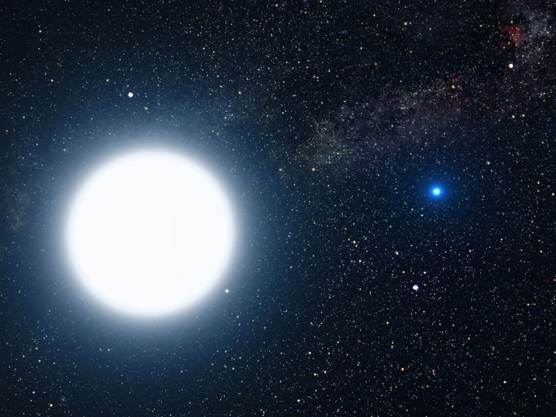 Artist's impression showing the binary star system of Sirius A and his little blue companion, Sirius B.