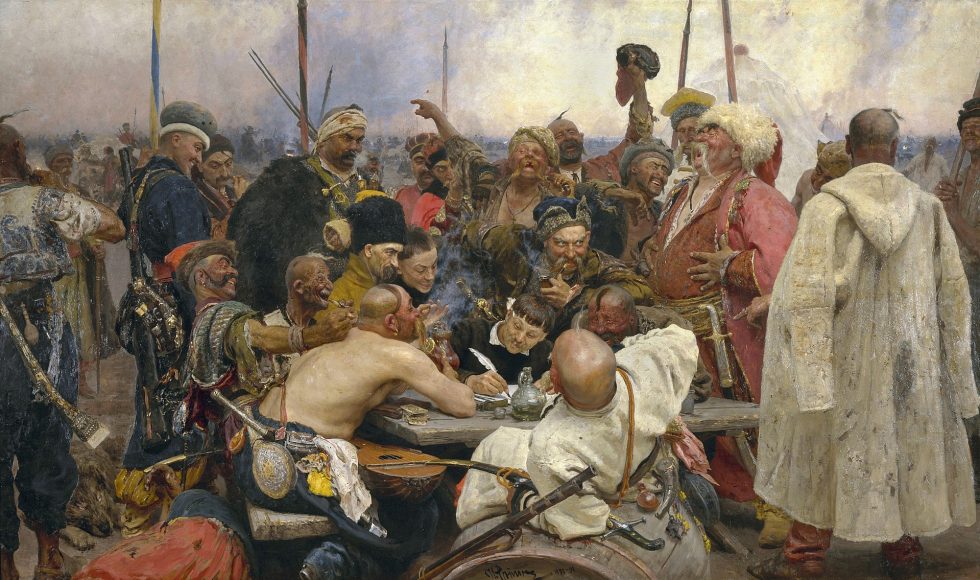 <em>Reply of the Zaporozhian Cossacks to Sultan Mehmed IV</em> by Ilya Repin (1844-1930)