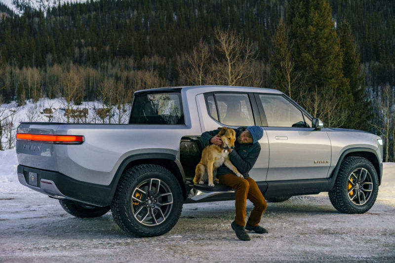 A man and a dog sitting on an electric van