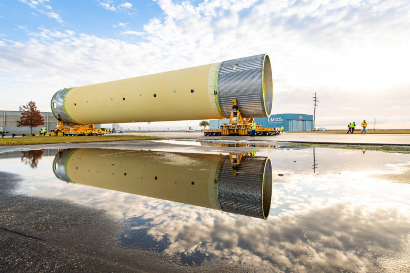Technicians at NASA’s Michoud Assembly Facility in New Orleans moved the Space Launch System's liquid hydrogen tank from the factory to the dock, where it was loaded onto the Pegasus barge on Dec. 14, 2018. 