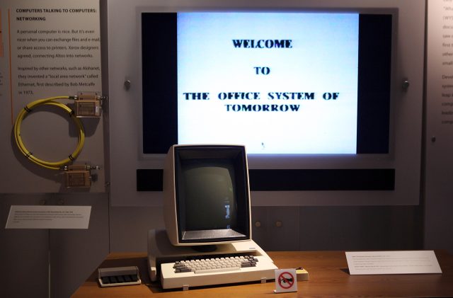 A display featuring the Xerox Alto personal computer is seen at the Computer History Museum in 2011.