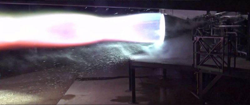 The first test firing of a flight version of SpaceX's Raptor rocket engine.