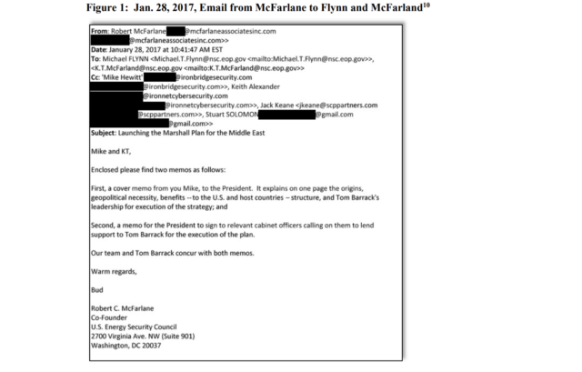 An email from Robert McFarlane to National Security Advisor Michael Flynn giving him direction to pitch a plan to sell nuclear tech to Saudi Arabia.