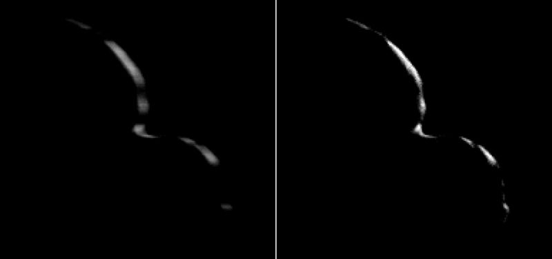 New Horizons took this image of the 2014 Kuiper Belt object MU69 (nicknamed Ultima Thule) on January 1, 2019, when the NASA spacecraft was 8,862 km away.  The image on the left is a 