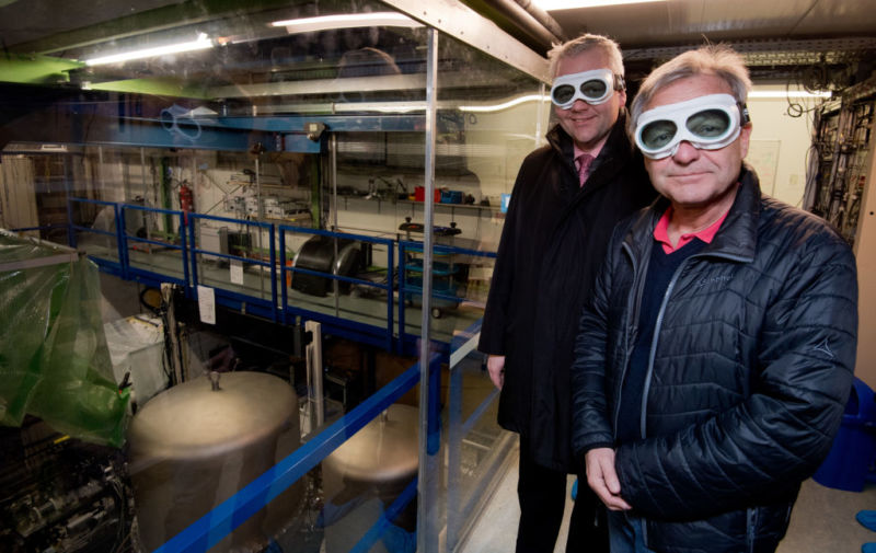22 January 2019, Lower Saxony, Sarstedt: Lower Saxony's science minister Björn Thümler (l, CDU) and Karsten Danzmann, director at the Max Planck Institute for Gravitational Physics (Albert Einstein Institute) are in the GEO600 detector. The German-British GEO600 detector in Ruthe near Sarstedt south of Hanover is a highly sensitive measuring device and has contributed to the spectacular detection of gravitational waves. The proof of gravitational waves was awarded the Nobel Prize in 2017. Photo: Julian Stratenschulte/dpa (Photo by Julian Stratenschulte/picture alliance via Getty Images)
