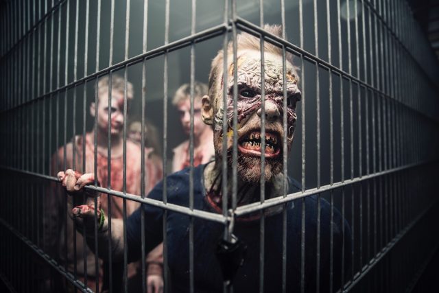 "Scare actors" in zombie makeup exhibit cues of hostility and contagion.