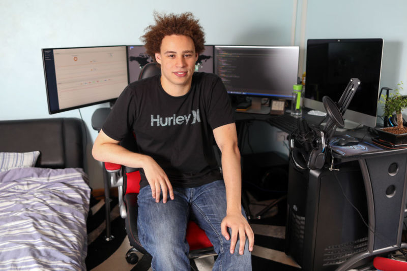 Then-23-year-old security researcher Marcus Hutchins in his bedroom in Ilfracombe, UK, in July 2017, just weeks before his arrest on malware charges. 