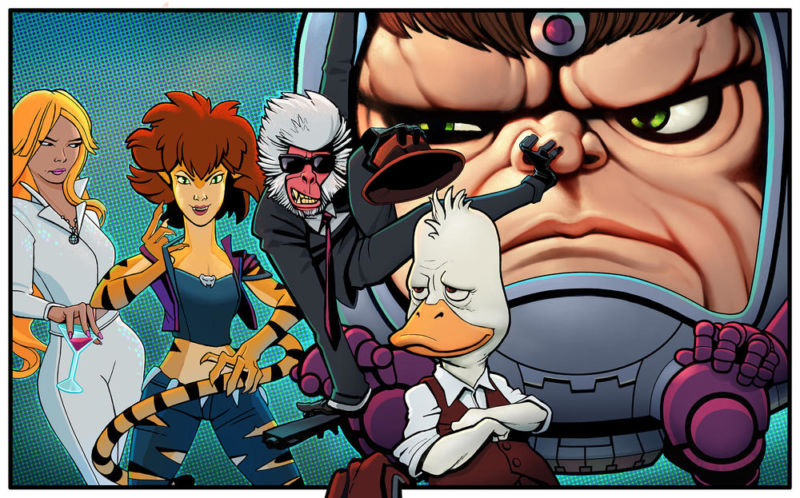 This single teaser image of characters Dazzler, Tigra, Hit-Monkey, Howard the Duck, and M.O.D.O.K. (L-R) seems to indicate the art style of each upcoming Hulu series, as we didn't immediately recognize these drawings from existing comics issues.