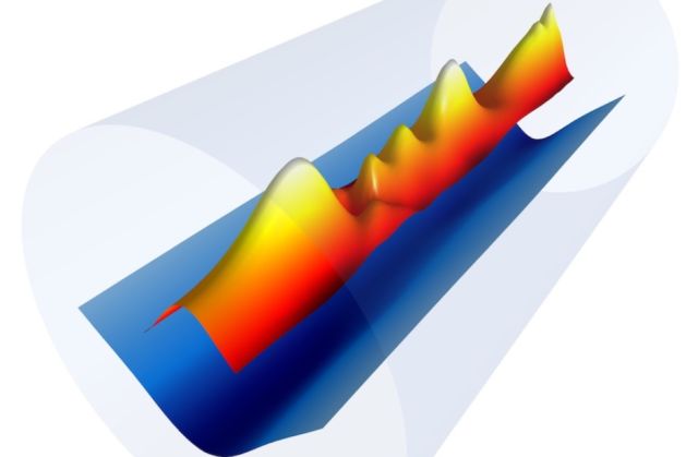 Snapshot of the plasma channel electron density profile (blue) formed inside a capillary (gray) with the combination of an electrical discharge and a 9ns laser pulse (red/yellow).