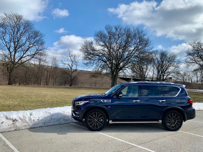 The Infiniti QX80 on a cold winter day.